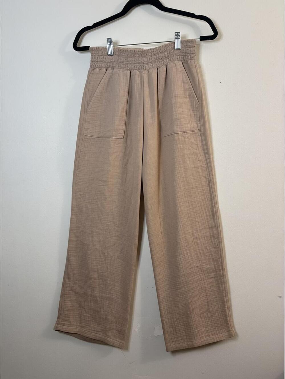 Happily Grey Women’s Medium Beige Cotton Gauze Wide Leg Pants Smocked Waist Boho